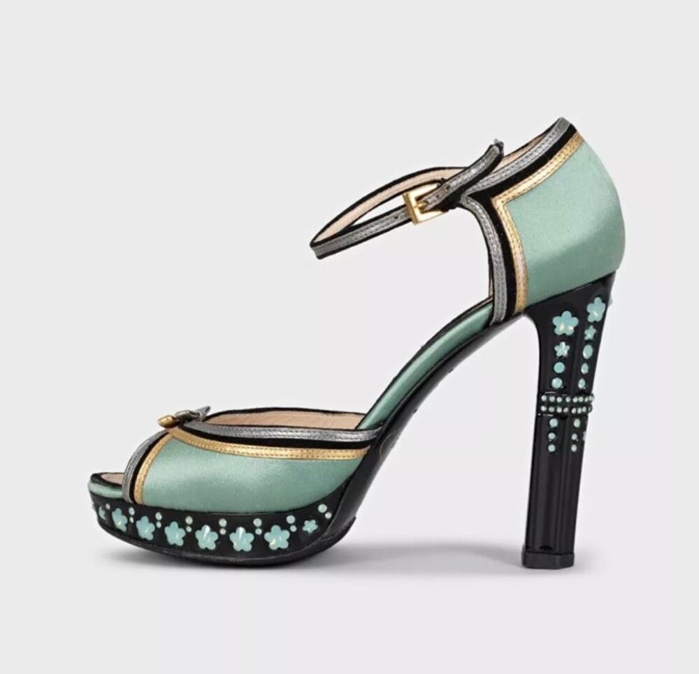 Prada Light Blue Textile Heeled Sandals with Crystal Heel Sz.37.5